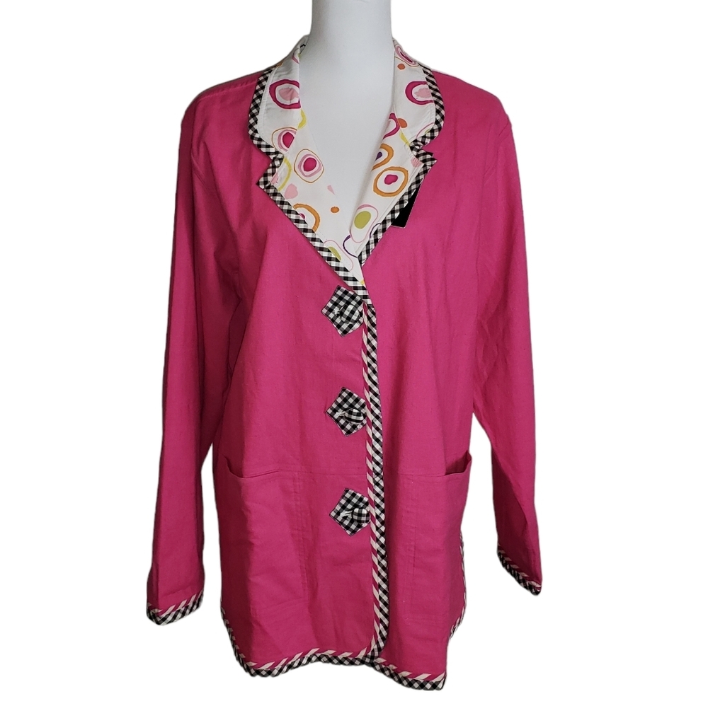 KOOS Of Course Pink Linen Blend Geometric Print Reversible Blazer Jacket Sz L
